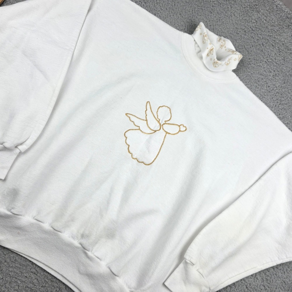 Hanes Applique Plus Vintage Angel Embroidered Mock Neck Sweatshirt White XL